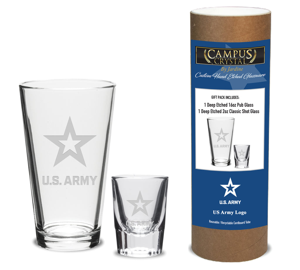 Army Star 16oz Deep Etched Pub Glass and 2oz Classic Shot Glass (Clear)